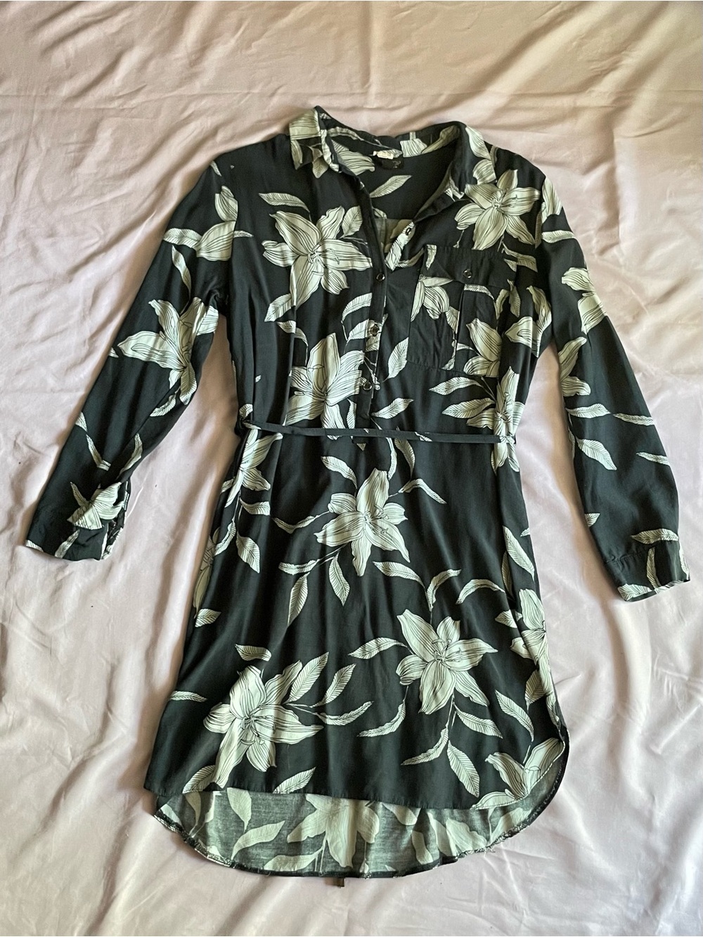 Topshop Floral Shirt Dress Navy Blue Long Sleeve High Low Belted US 6